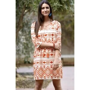 Dolma Dress Phoebe 100% Cotton Cream Coral Tribal Print Sz S NWT boho summer